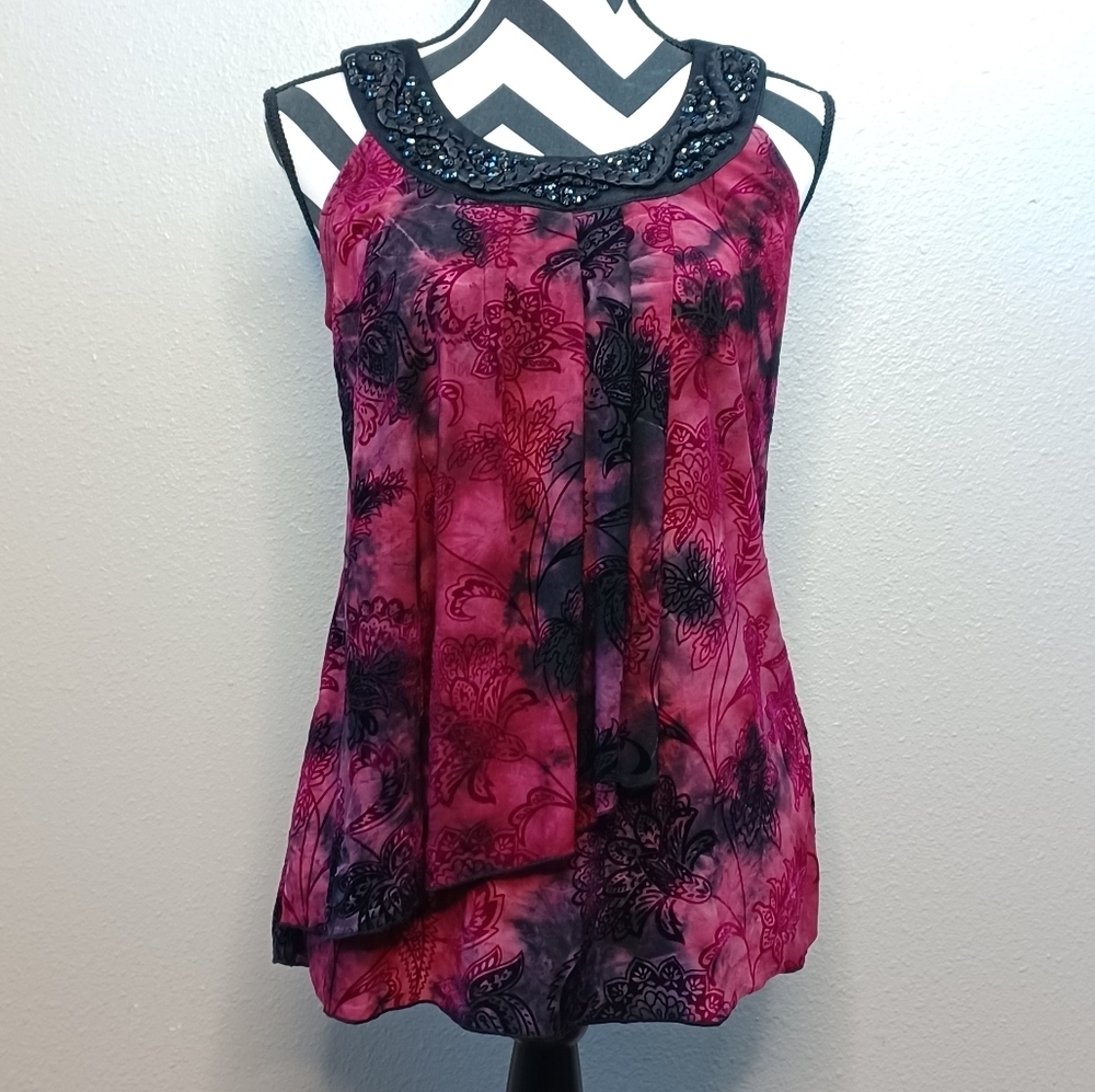 Dress Barn Women's Velvet Burnout Red Black Whimsigoth Floral Sleeveless Blouse - Picture 3 of 11